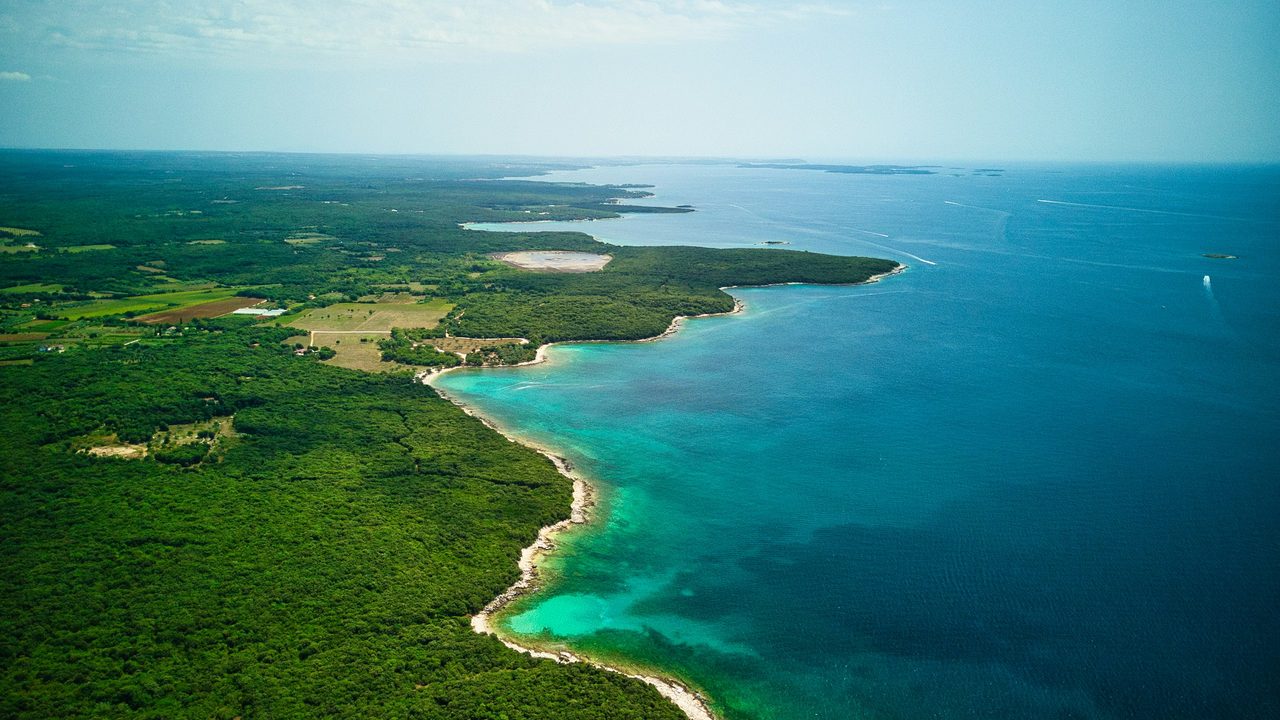 Türkisfarbene Küste und Pinienwälder bei Rovinj aus der Luft