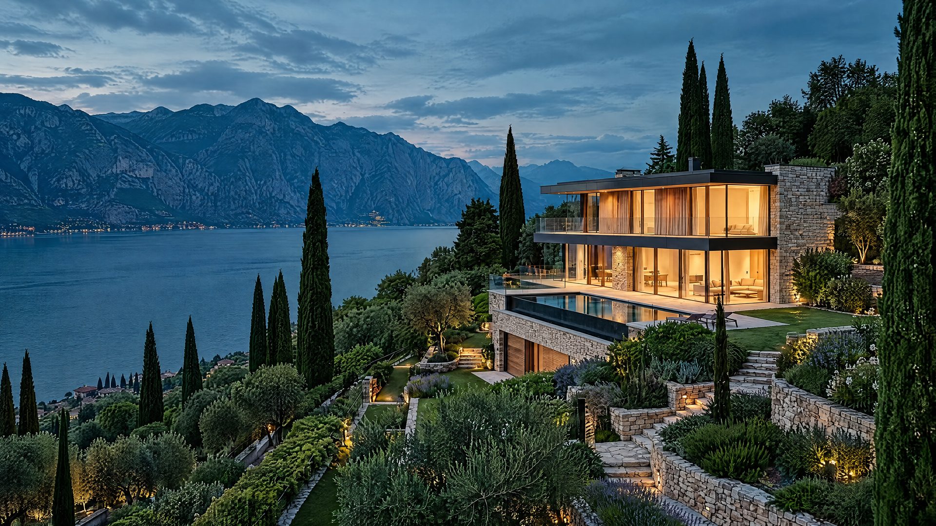 Villa in Norditalien bei Dämmerung – Visualisierung