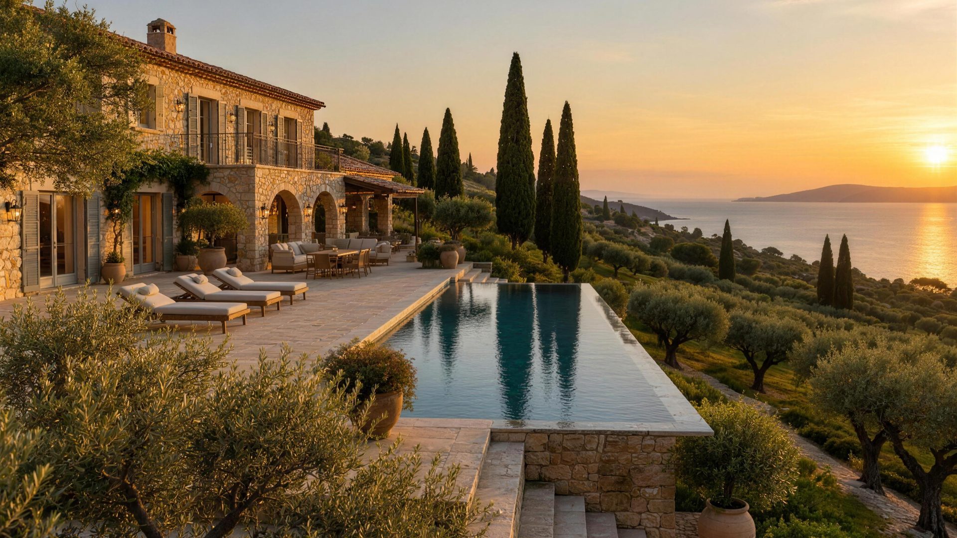 Villa mit Infinity-Pool und Olivenhain am Meer, Visualisierung des PRESTIGE-Objektprofils