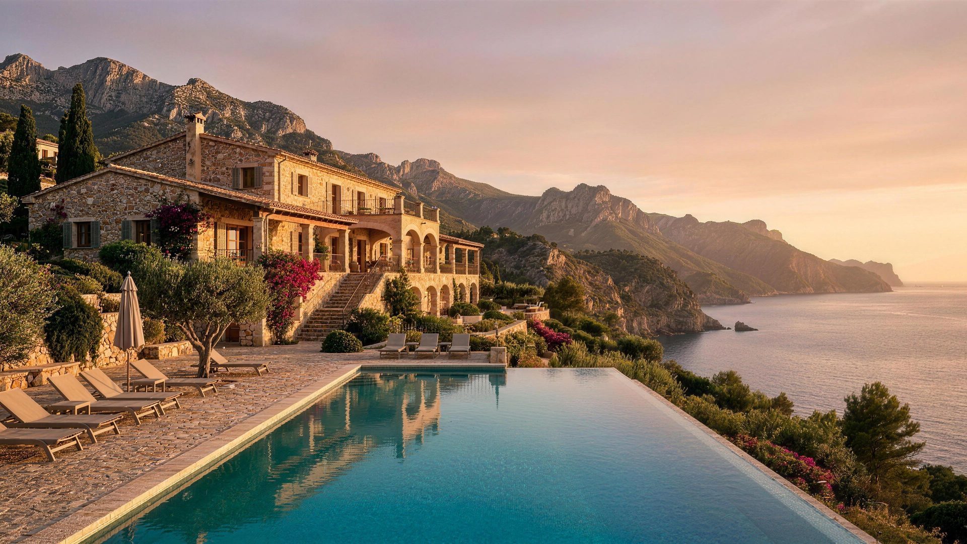 Villa mit Infinity-Pool über dem Mittelmeer zur goldenen Stunde – Visualisierung