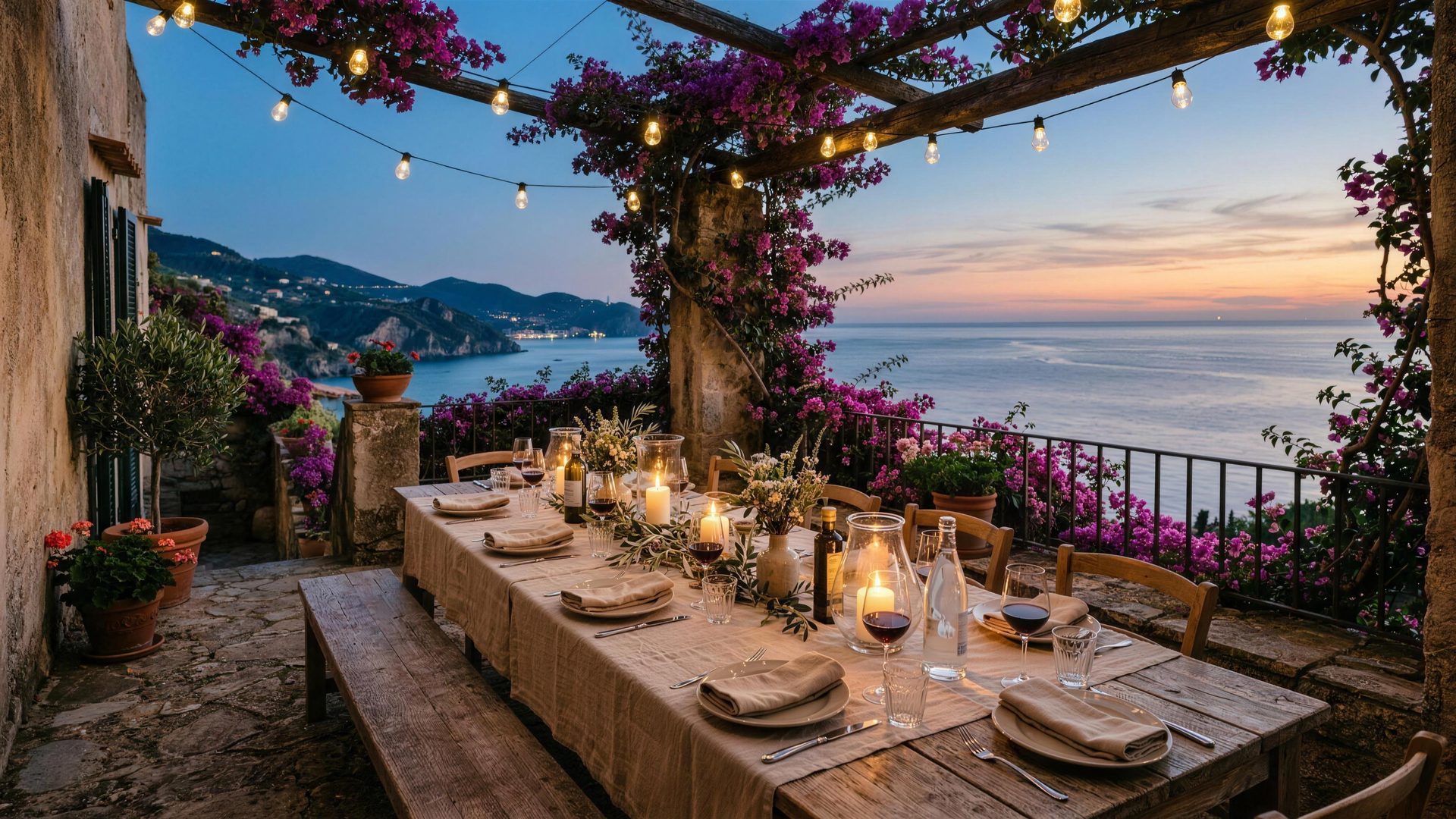 Gedeckter Abendtisch auf der Terrasse über dem Meer – Visualisierung