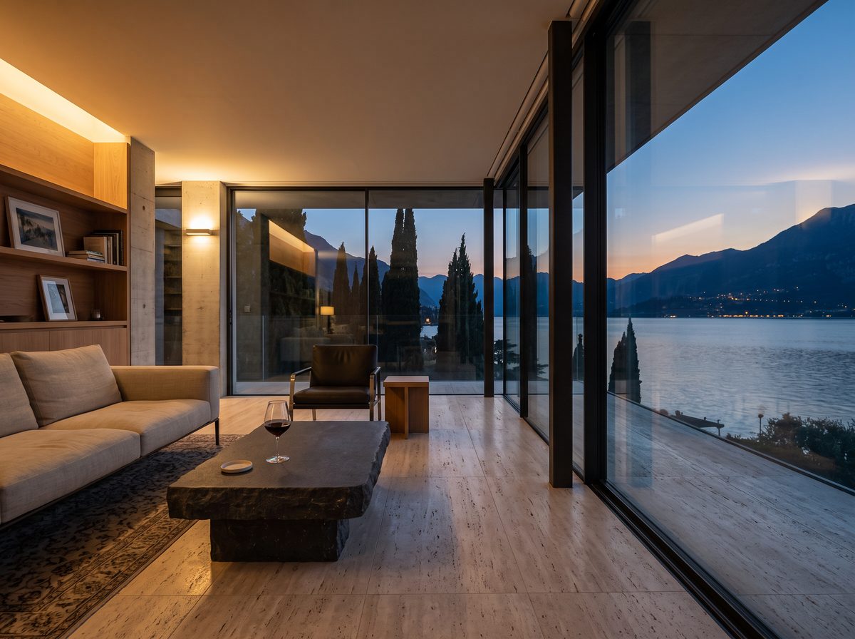 Villa-Wohnraum mit Glasfront zum abendlichen Gardasee – Visualisierung