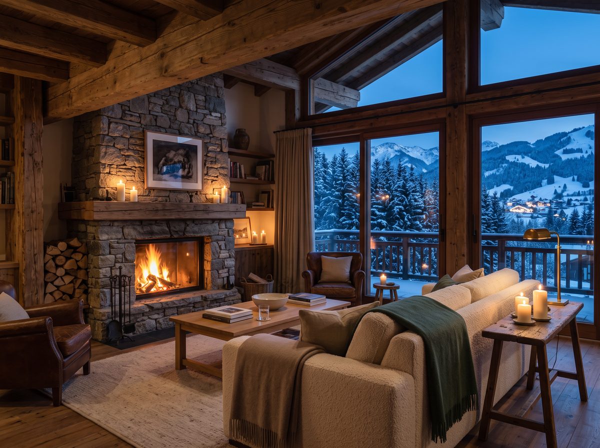 Chalet-Wohnraum mit offenem Kamin und Blick in verschneiten Bergwald – Visualisierung