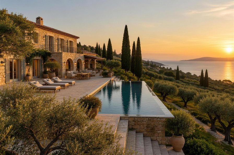 Villa mit Infinity-Pool und Olivenhain am Meer, Visualisierung des PRESTIGE-Objektprofils